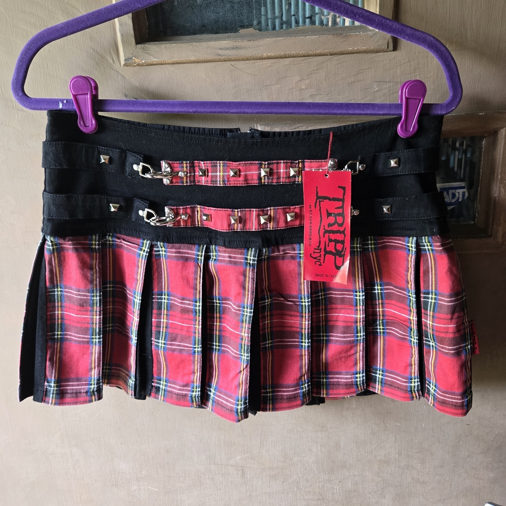 Red Plaid Mini Skirt with Black Waistband and Buckle Details